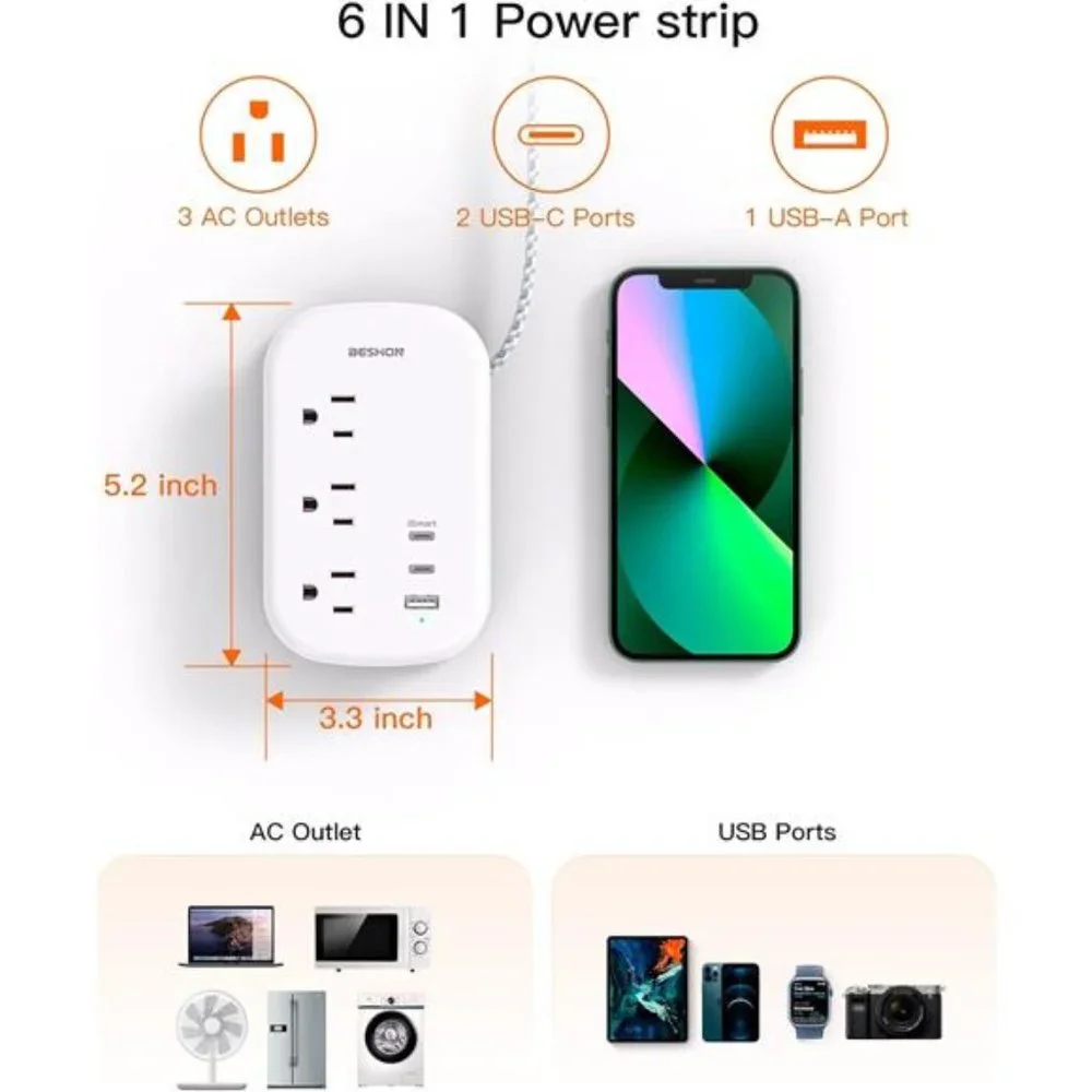 Flat Plug Power Strip, 3 Outlets with 3 USB Ports(2 USB C),3.2ft Extension Cord